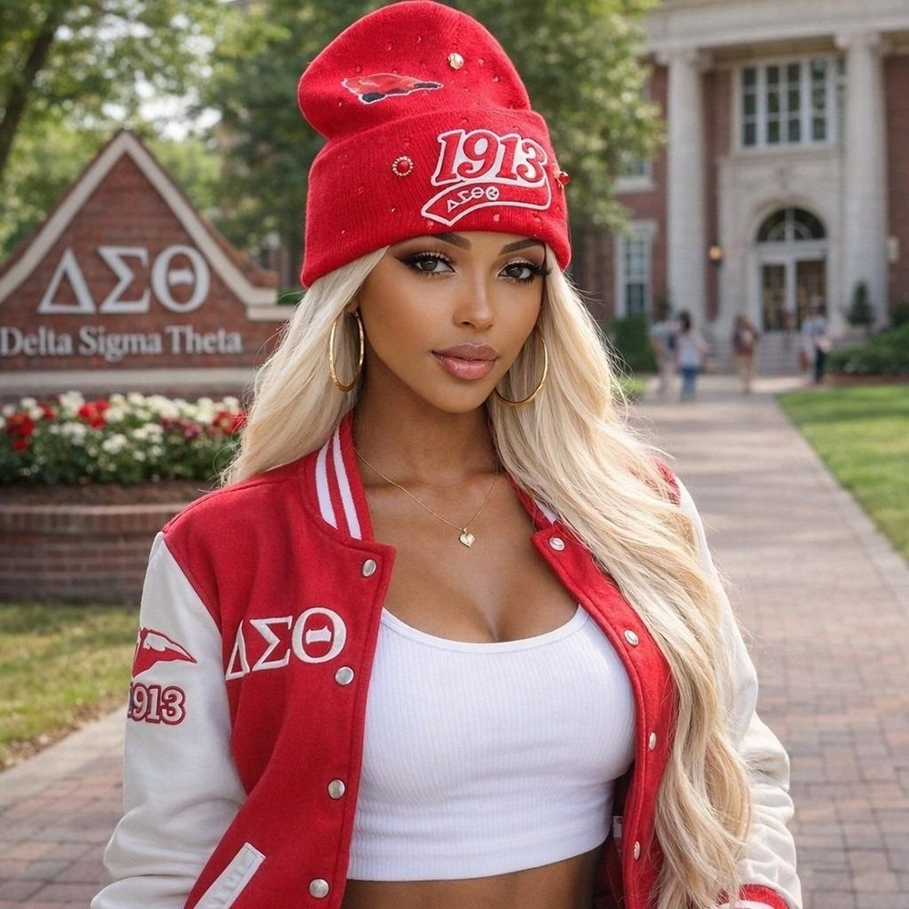 Delta Sigma Theta Red Beanie design with logo, rhinestones and pearls
